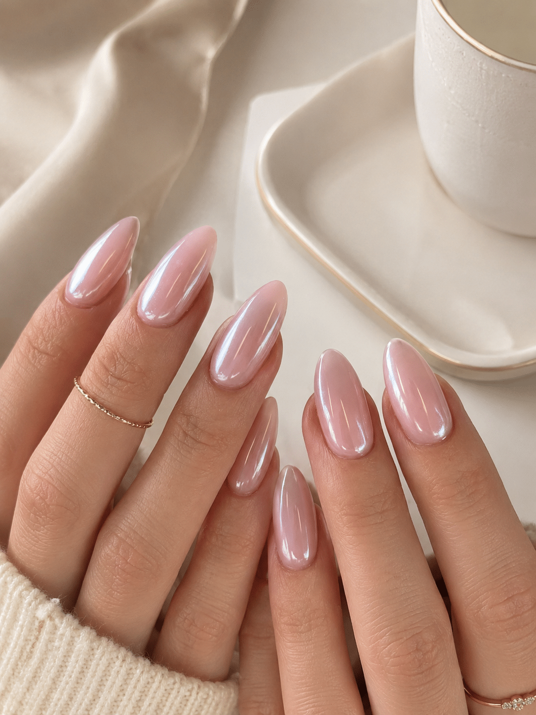 Light pink glazed chrome nails with a clean glossy finish