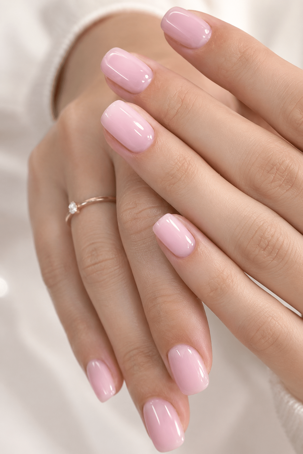 Natural milky pink oval nails with a clean soft glossy finish