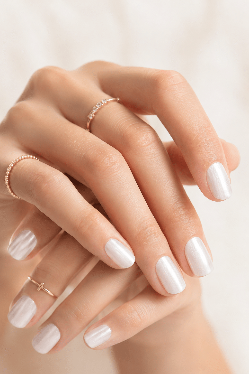 natural pearl white nail polish with glossy minimal manicure finish