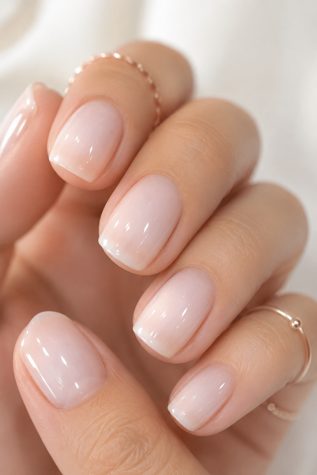 Natural sheer white nail polish with glossy rounded manicure finish