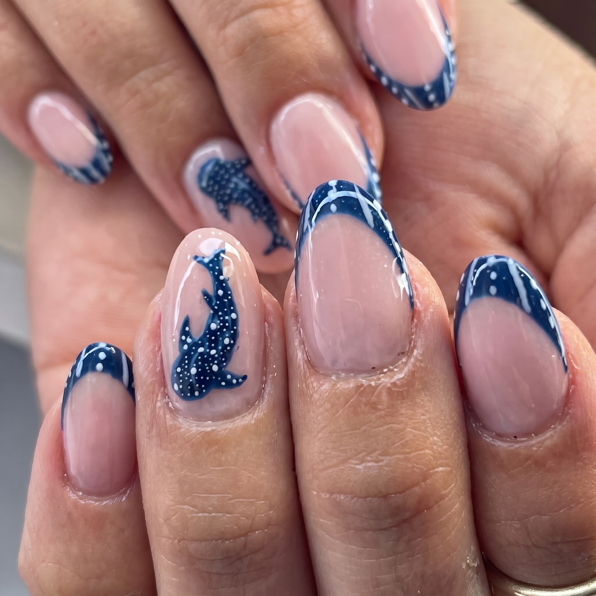 nude navy french tips with dotted ocean shark pattern