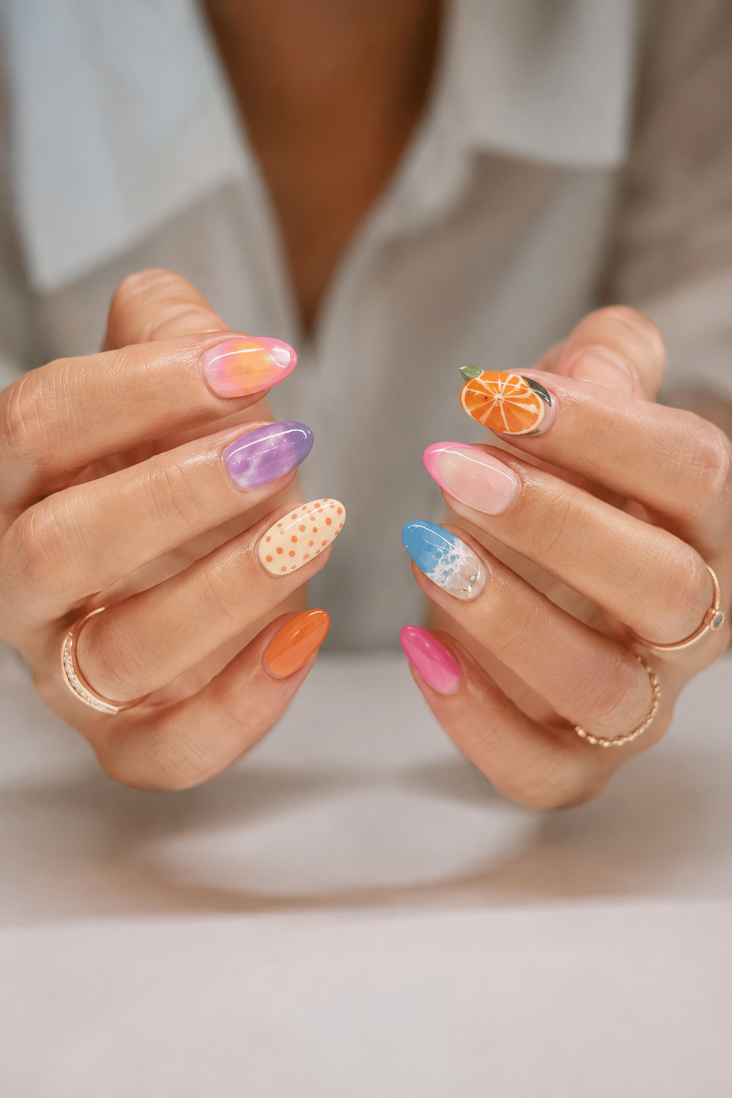 Peach sunset ombre summer nails 2026 with warm glossy gradient polish