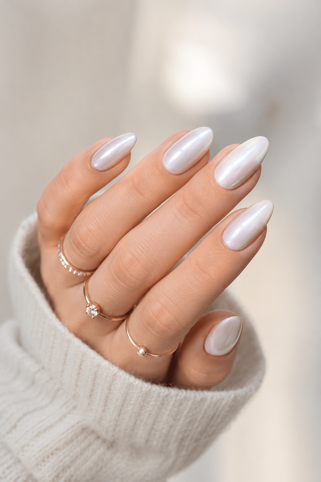 pearl white nail polish with glossy luminous almond manicure finish