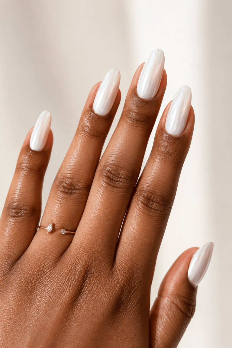 pearl white nail polish on deep skin tone with glossy luminous finish