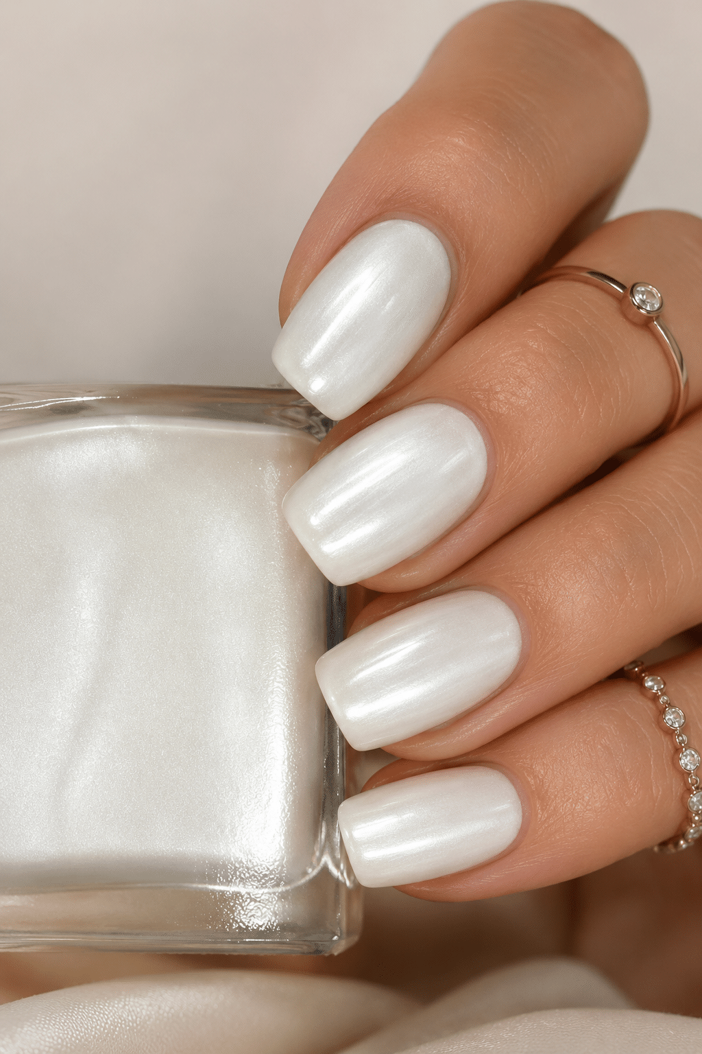 pearl white nail polish bottle with glossy white manicure inspiration