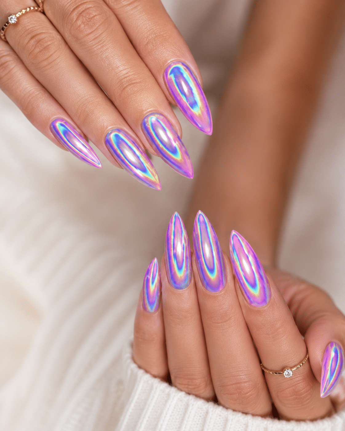 Pink aura holographic tips with a futuristic rainbow glow