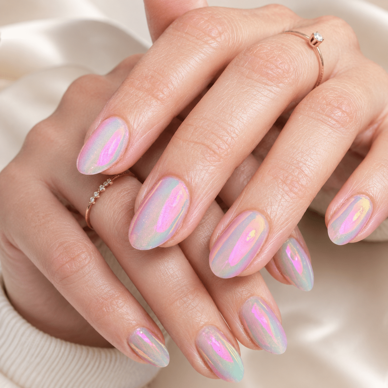 Pink chrome nail polish with a soft aura mirror finish on glossy nails