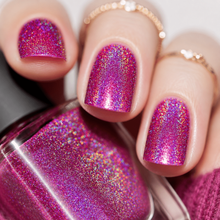 Pink rainbow holo nails with a high-shine prismatic finish