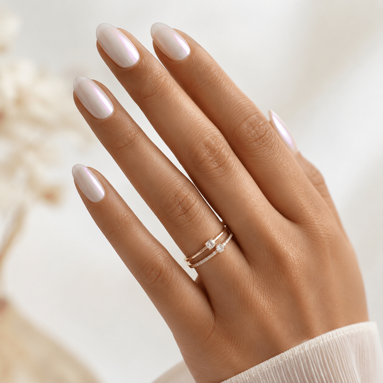 Rosewater pink chrome nails with a soft reflective glow