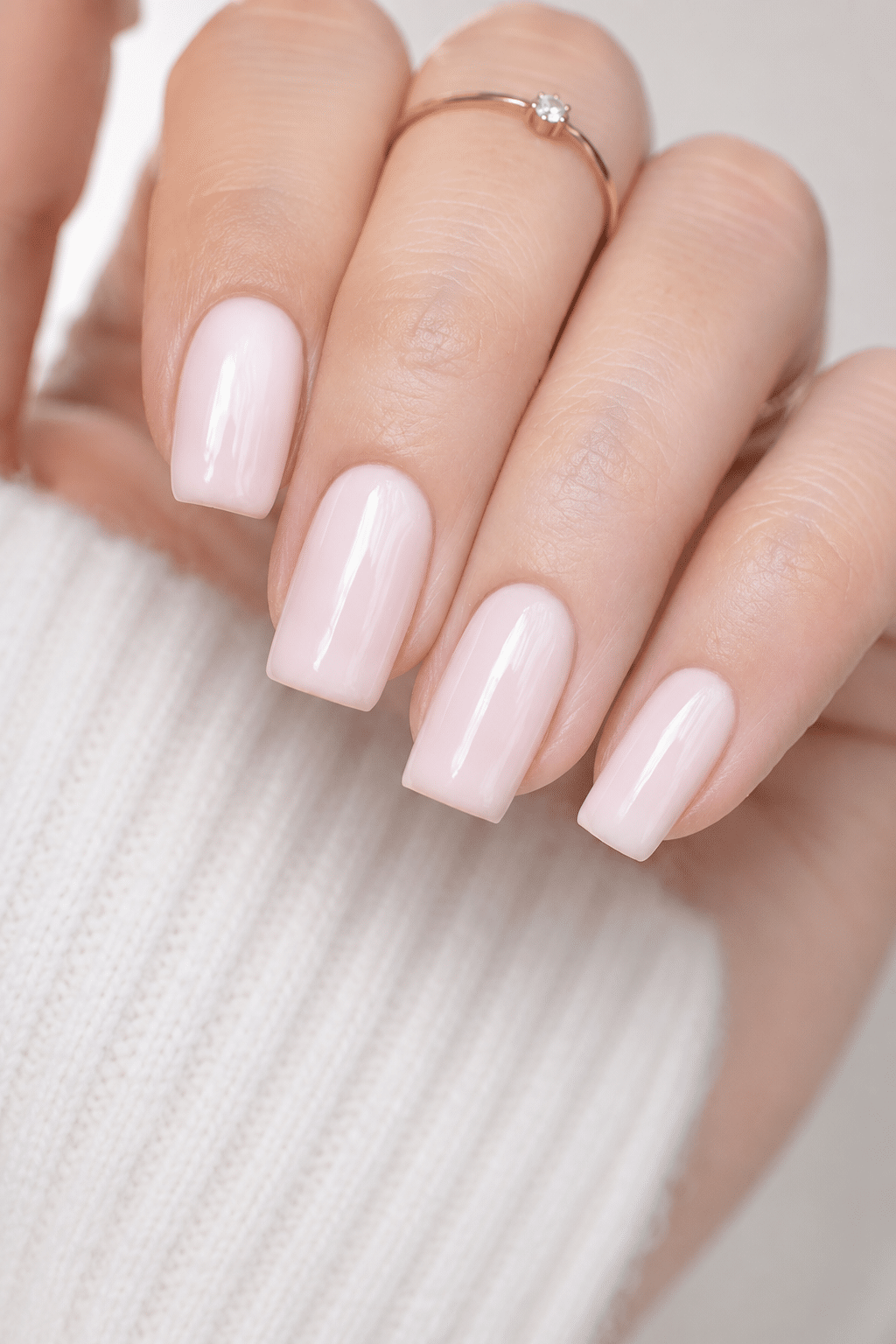 Sheer milky pink square nails with a clean glossy polish finish