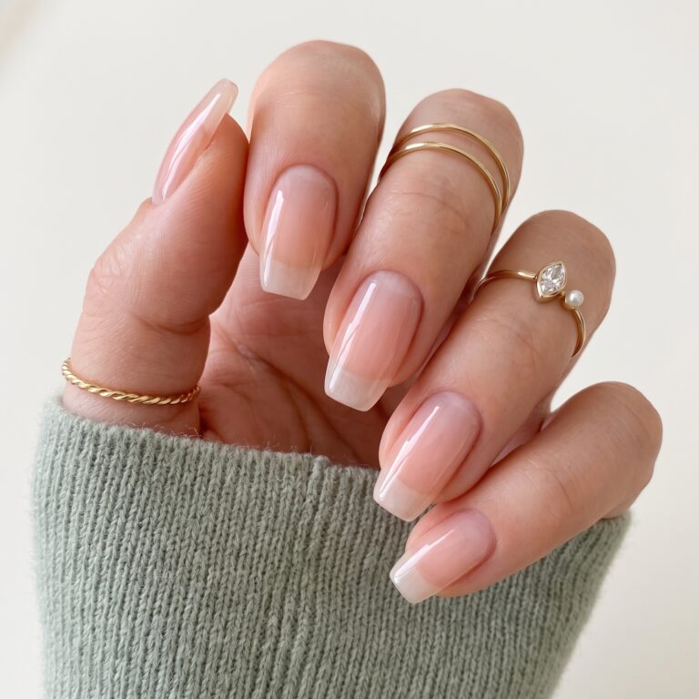 Sheer pink gel nail polish with a smooth glossy salon finish