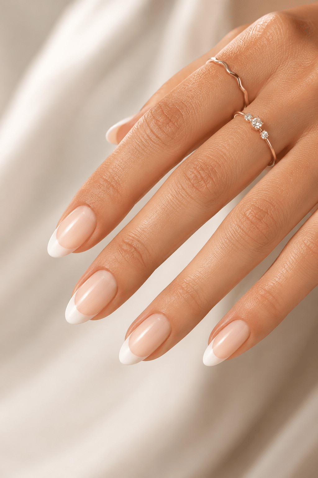 Sheer white almond nail polish with glossy milky manicure finish