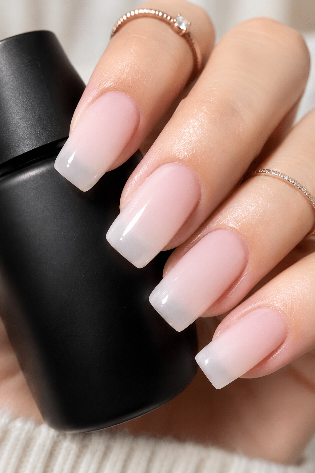 Sheer white French nail polish with soft pink base and clean white tips