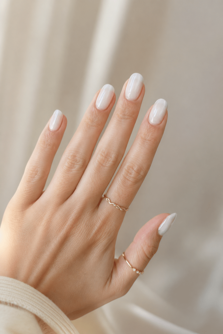 sheer white nail polish with glossy clean almond manicure finish