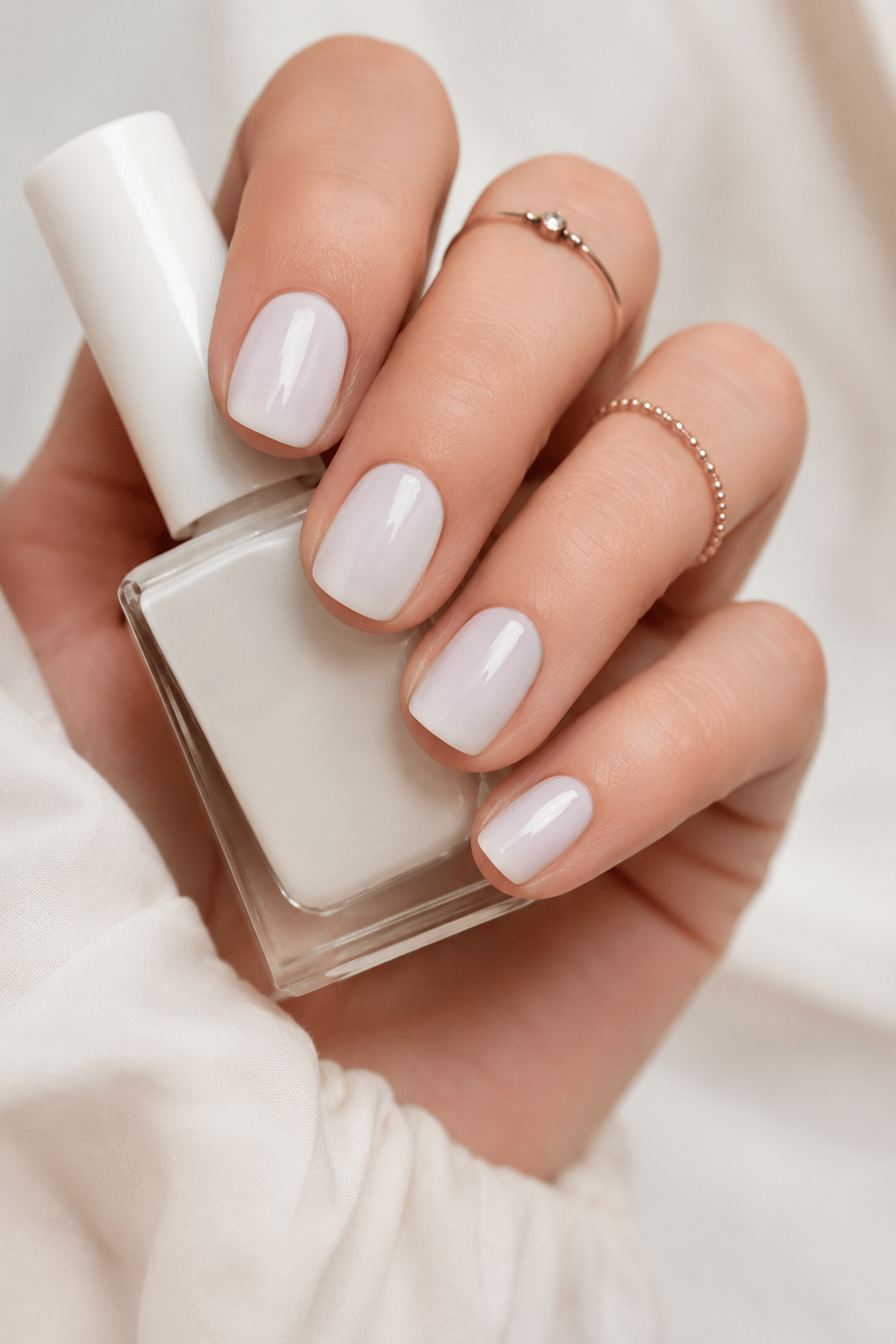 Sheer white nail polish bottle with glossy white manicure finish