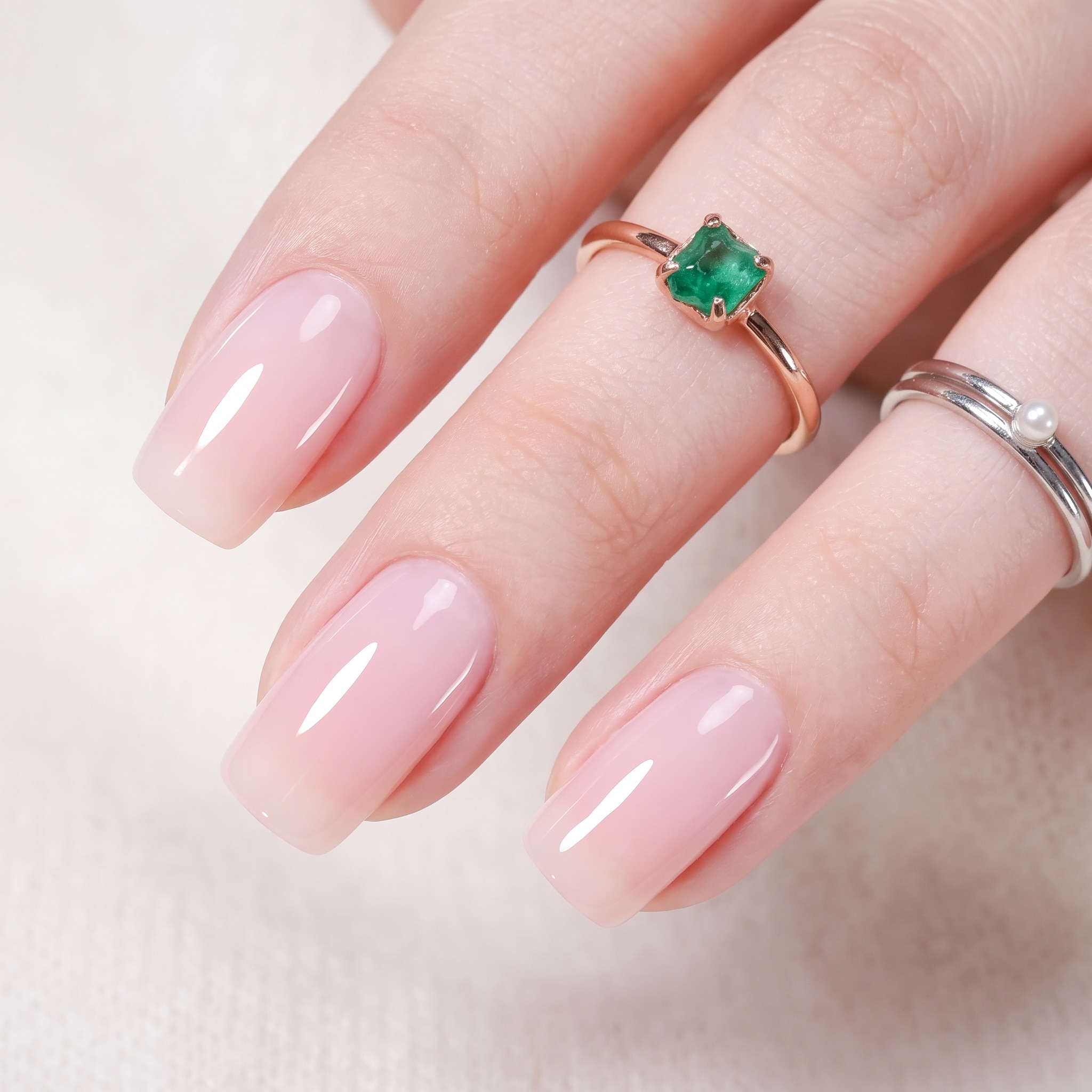 Shimmery sheer pink gel nails with delicate sparkle detail