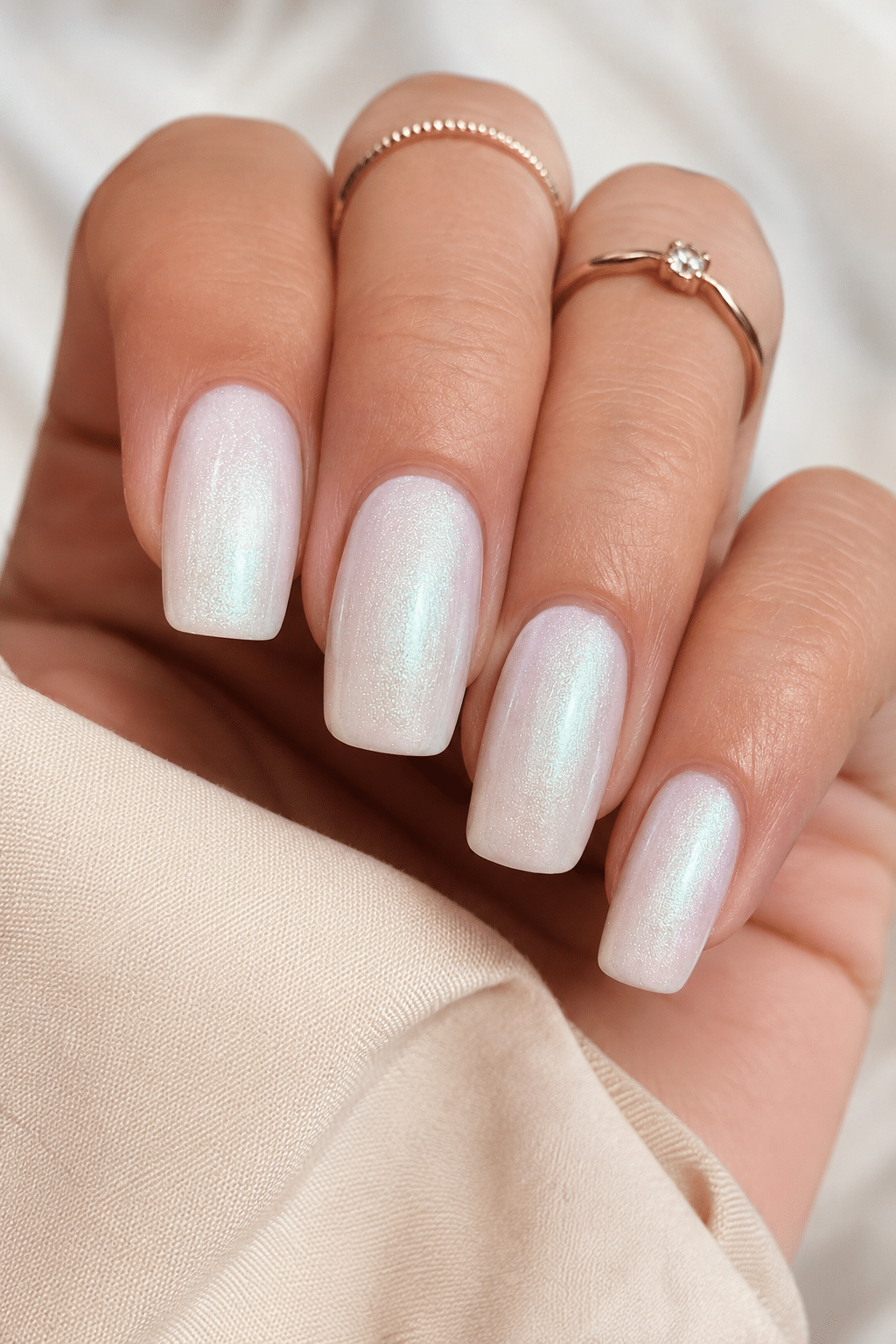 short pearl white square nails with glossy clean polish finish