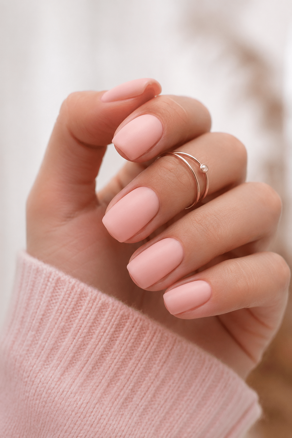 Soft milky pink short nails with a natural glossy polish look