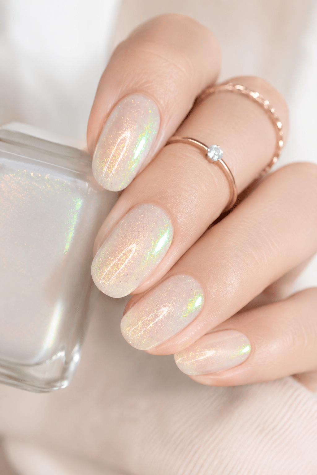 Soft milky sheer white nail polish with translucent glossy finish