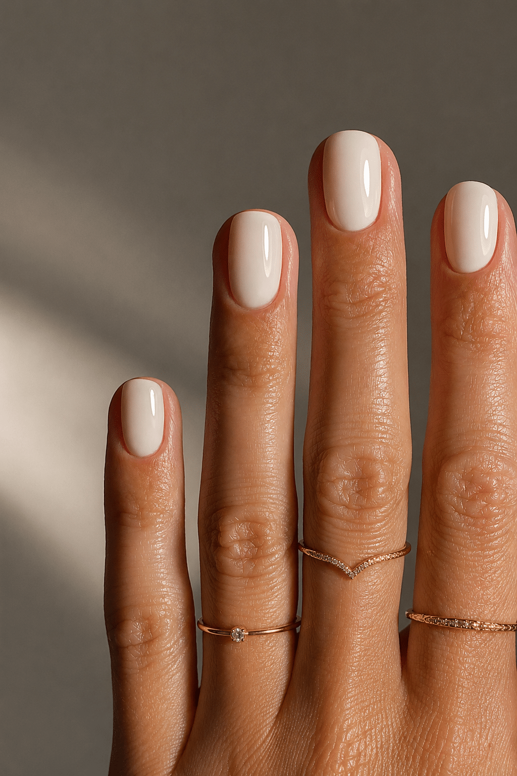 Soft milky white nail polish with glossy sheer manicure finish