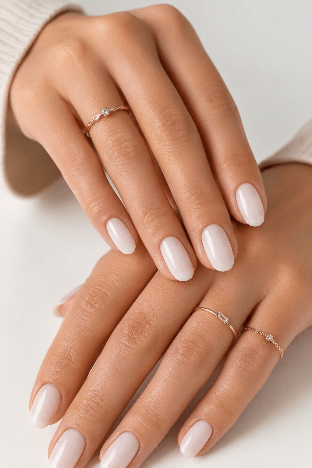 Soft nude glossy summer nails 2026 with clean natural manicure finish