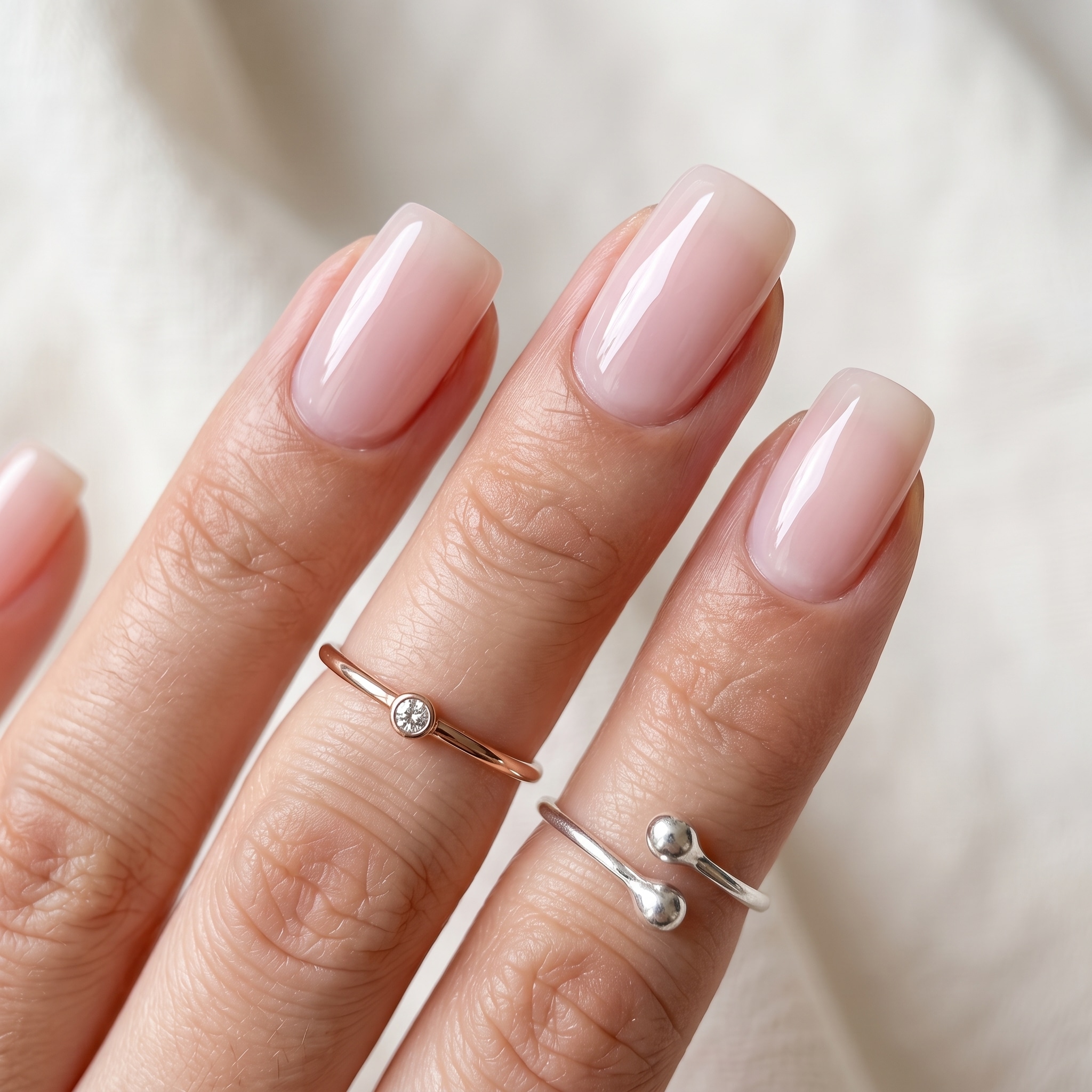 Soft nude pastel pink nail polish with a polished salon finish