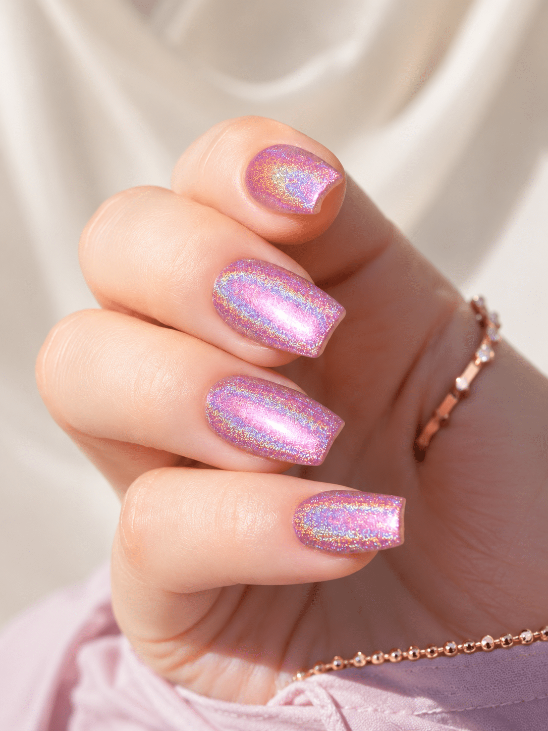 Soft pink holographic nails with a delicate prismatic glow