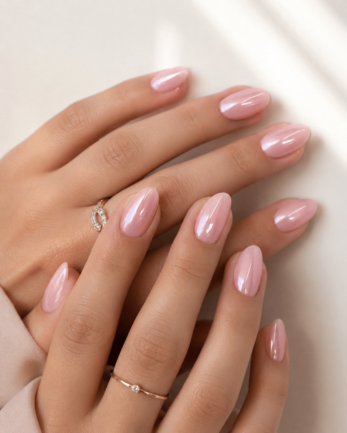 Soft rose chrome nails with a delicate pearly shine