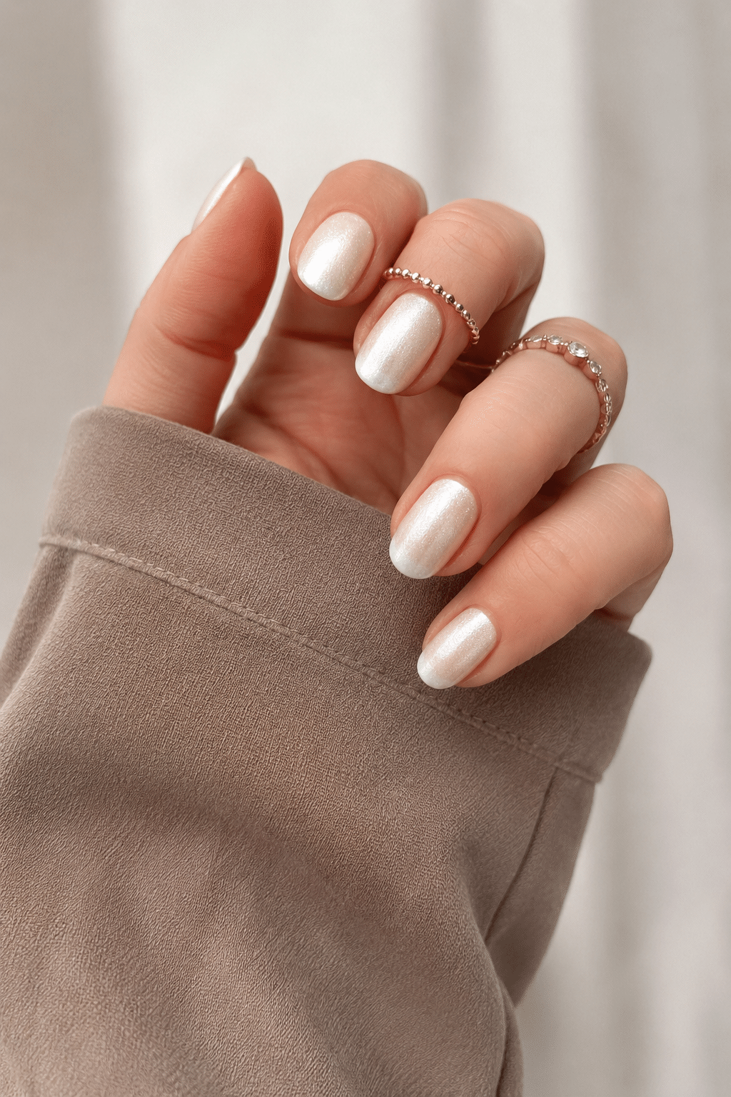soft square pearl white nails with glossy shimmer manicure finish