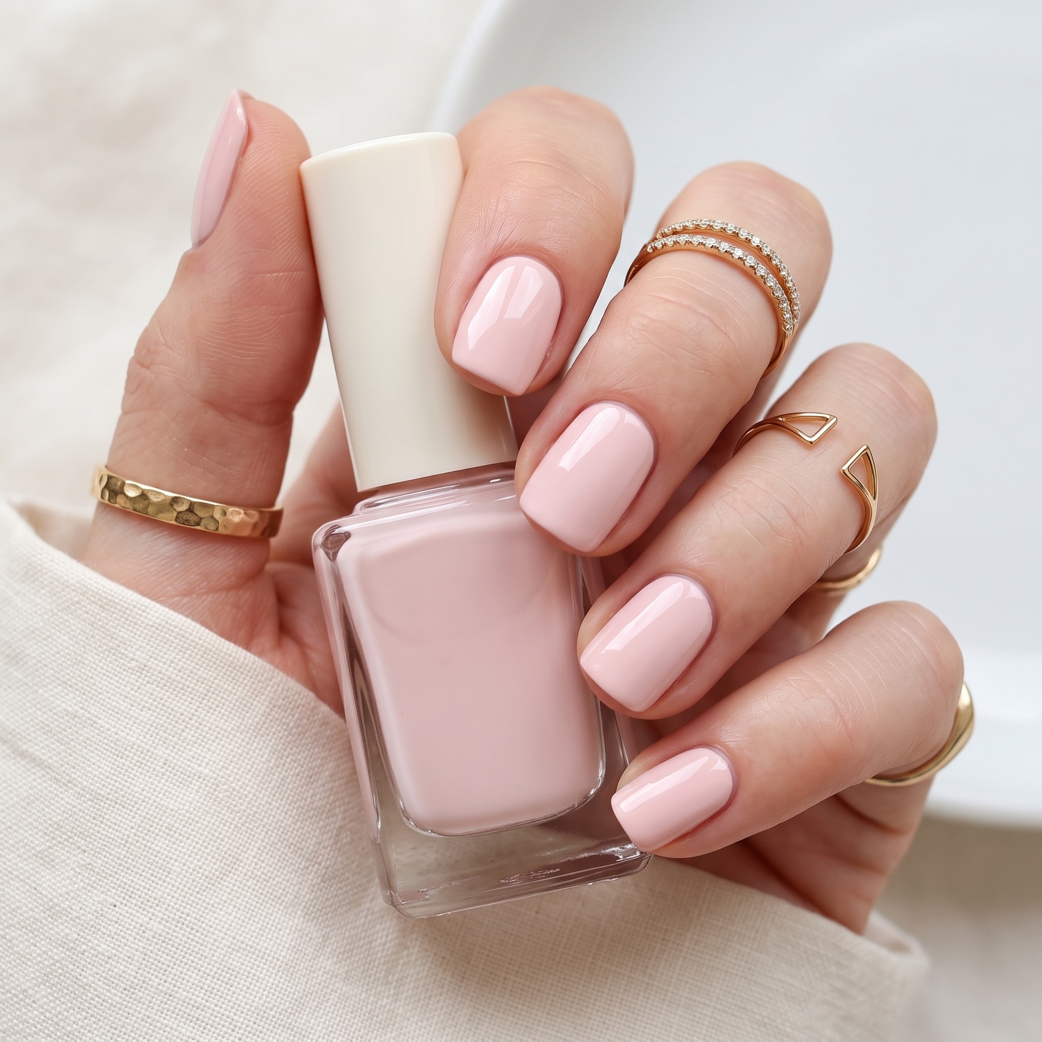 Pastel pink nail polish with soft speckled shimmer on rounded nails