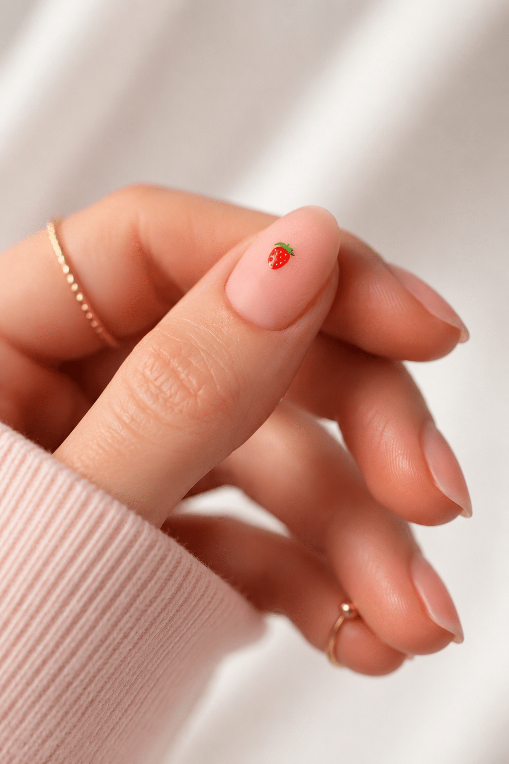 Tiny strawberry summer nails 2026 with minimal glossy fruit nail art