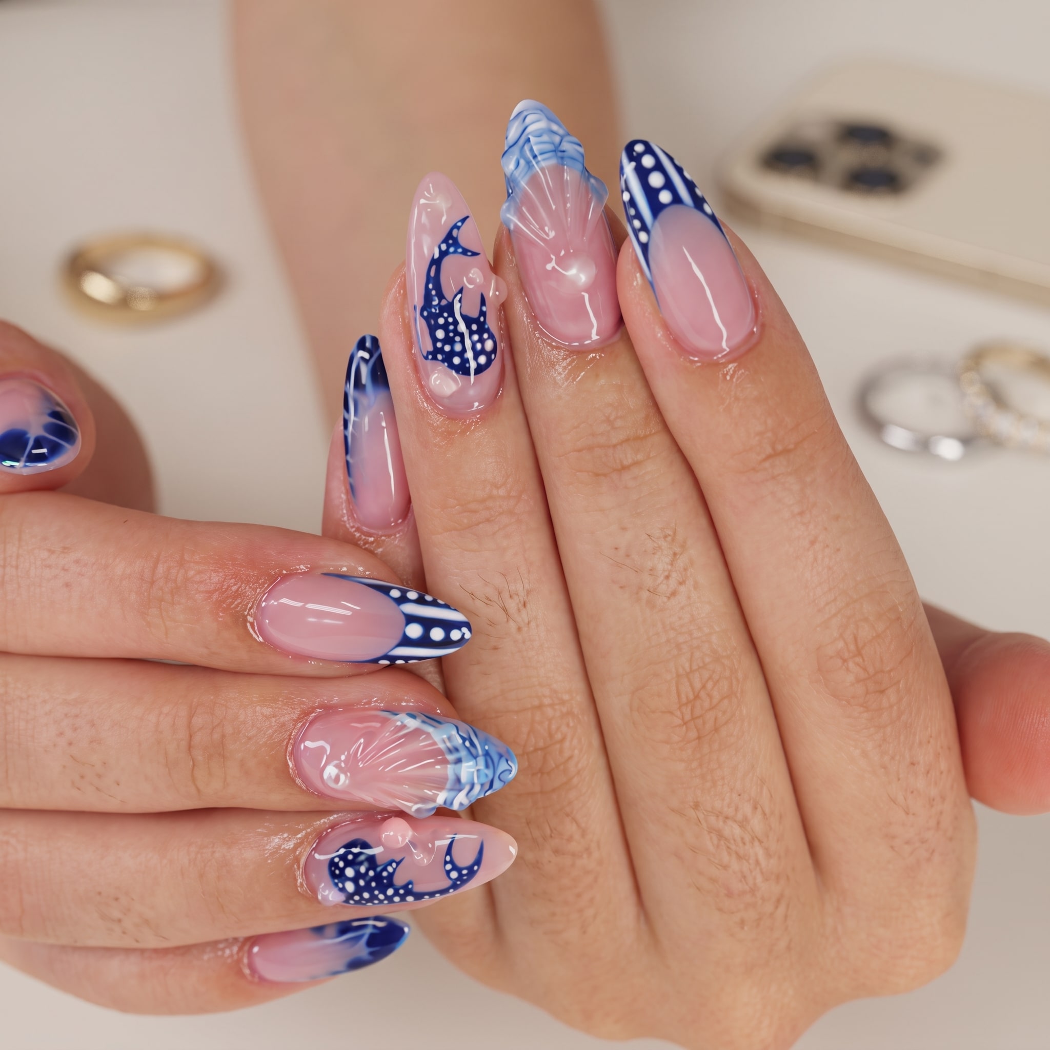 nail art process showing blue spotted ocean tip detail