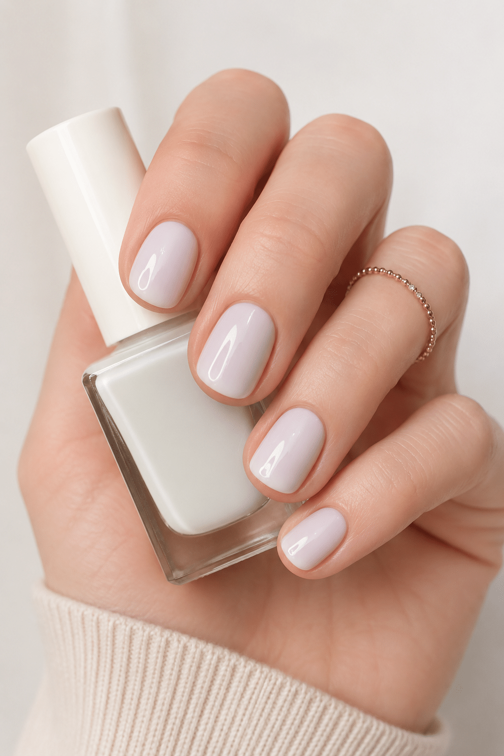 White nail polish bottle manicure with glossy clean white nails