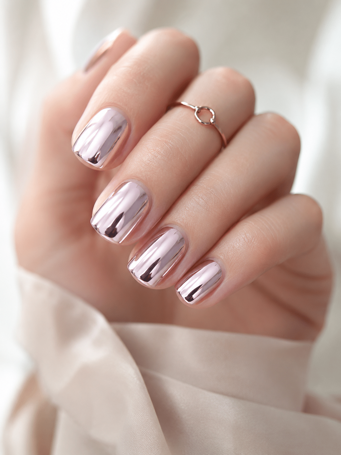White pink chrome nails with a soft pearlescent reflection