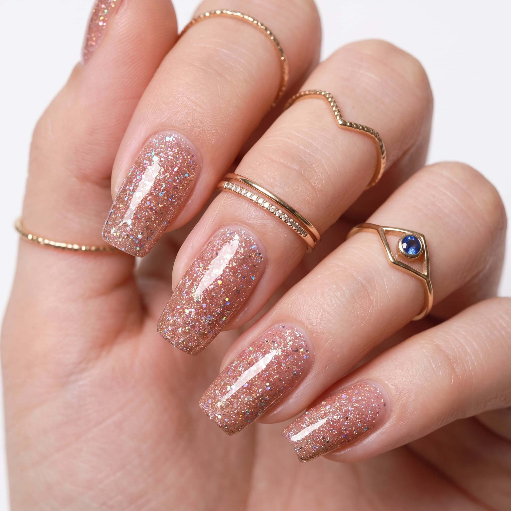Iridescent soft pink glitter nails with a sheer sparkling finish