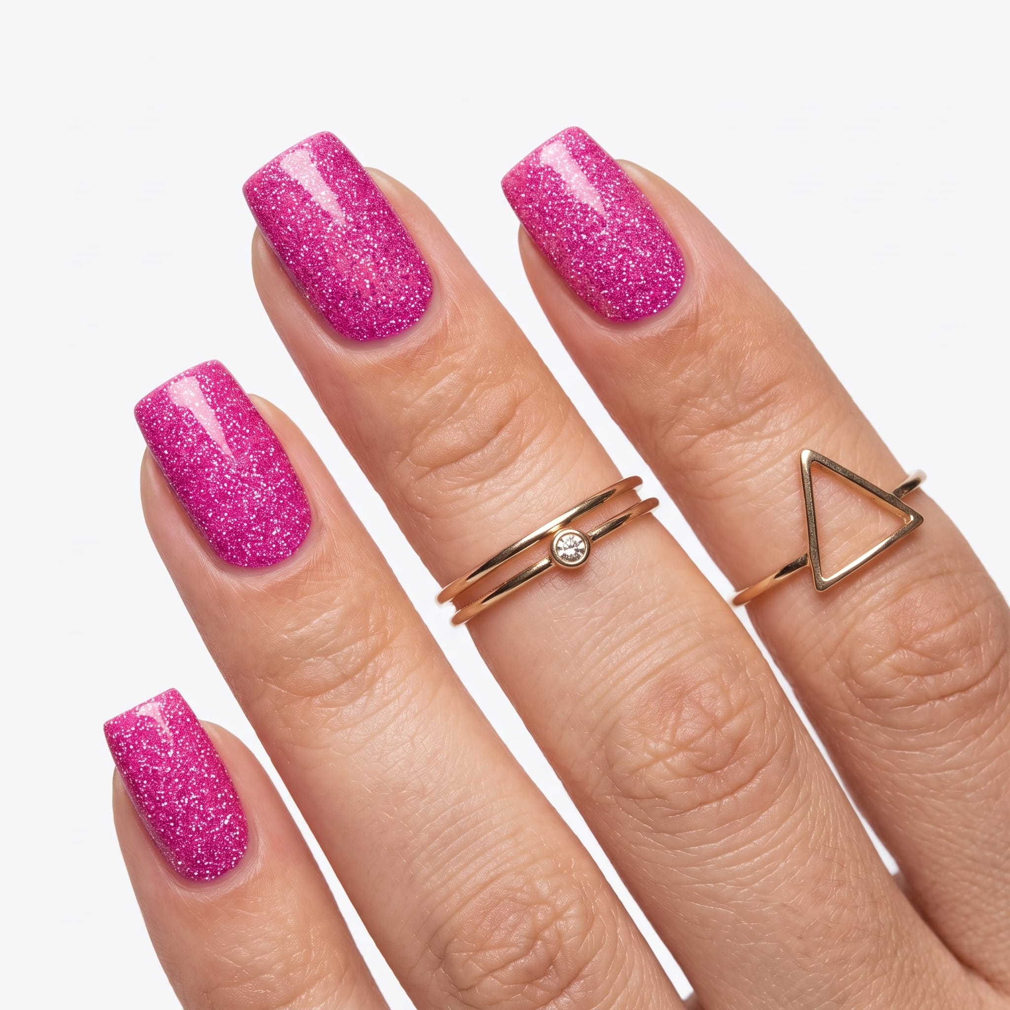Magenta glitter polish nails with black accent details and a polish bottle