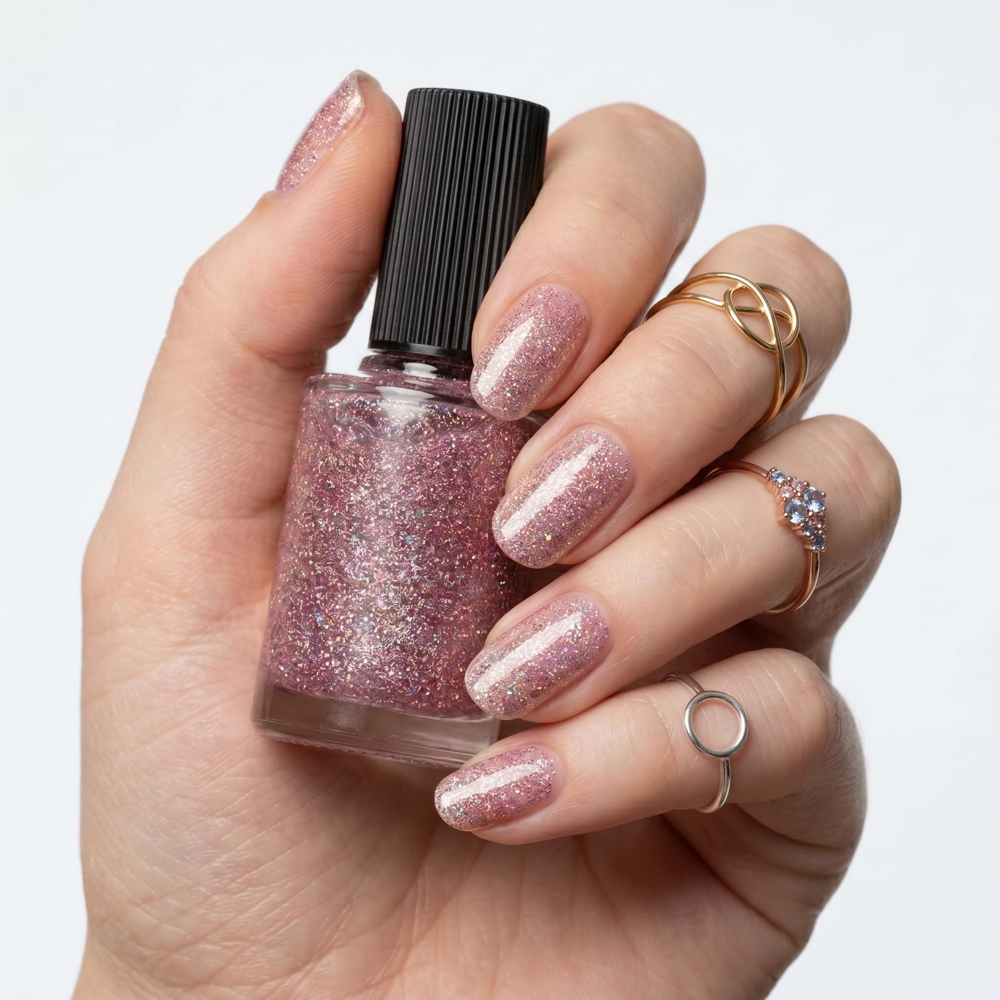 Mauve pink glitter nails with a warm sparkling finish