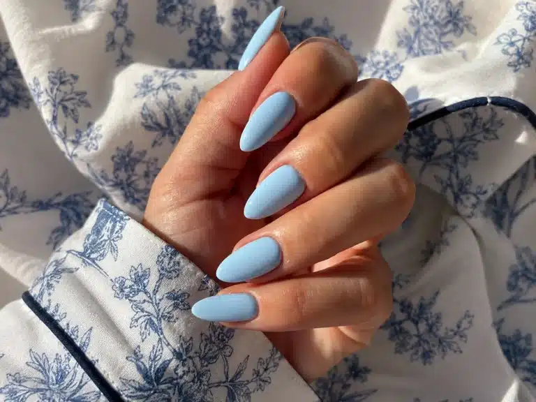 Milky Blue Nail Polish: 10 Soft Manicure Ideas to Try 20 Milky blue nail polish on glossy almond nails