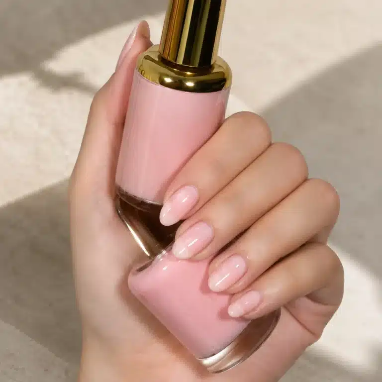 Milky Pink Gel Nail Polish: Soft Jelly Pink Gel Manicure Guide 23 Milky pink gel nail polish with a soft glossy manicure and bottle