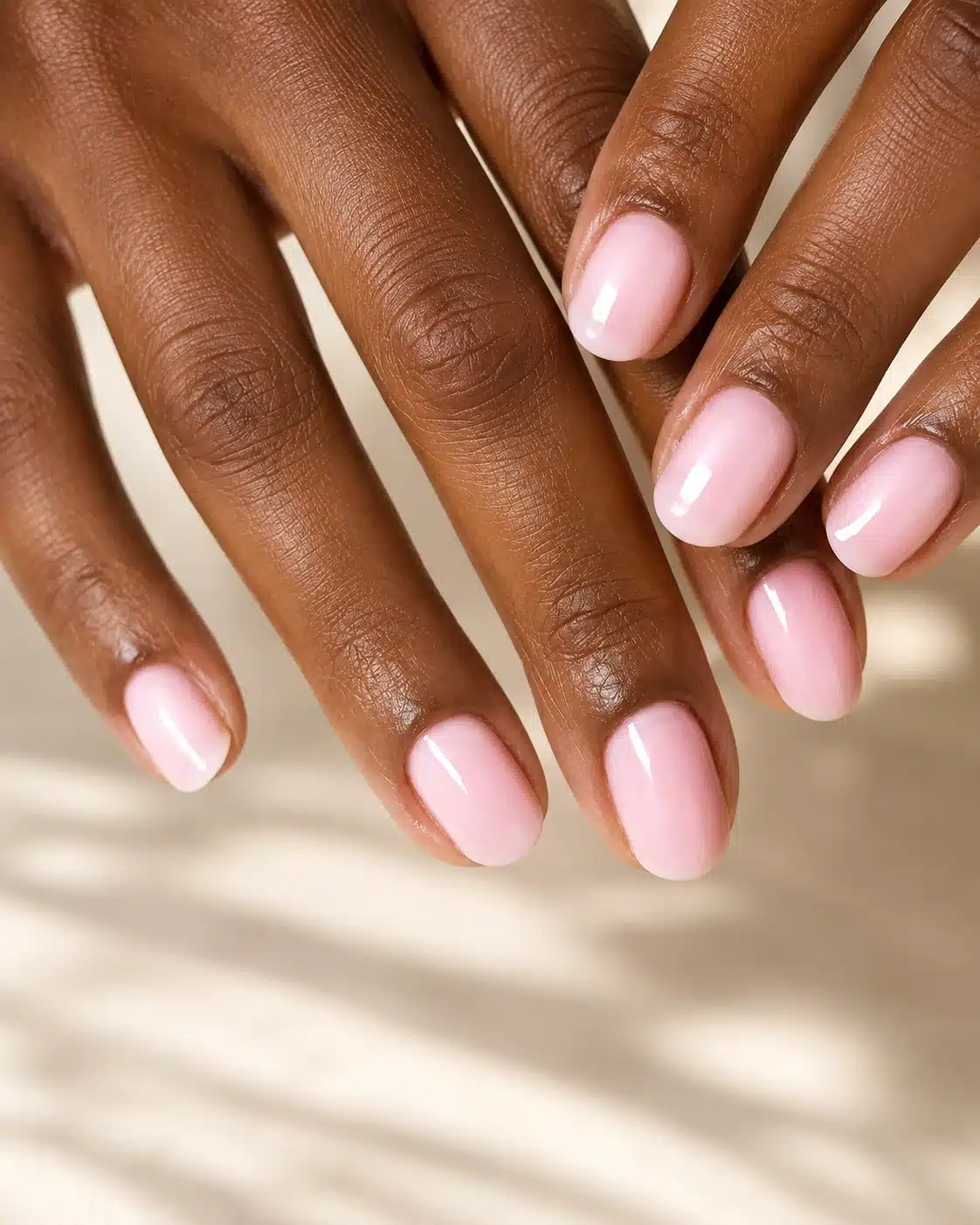 Milky Pink Gel Nail Polish: Soft Jelly Pink Gel Manicure Guide 9 Glossy milky pink gel nails on deep skin