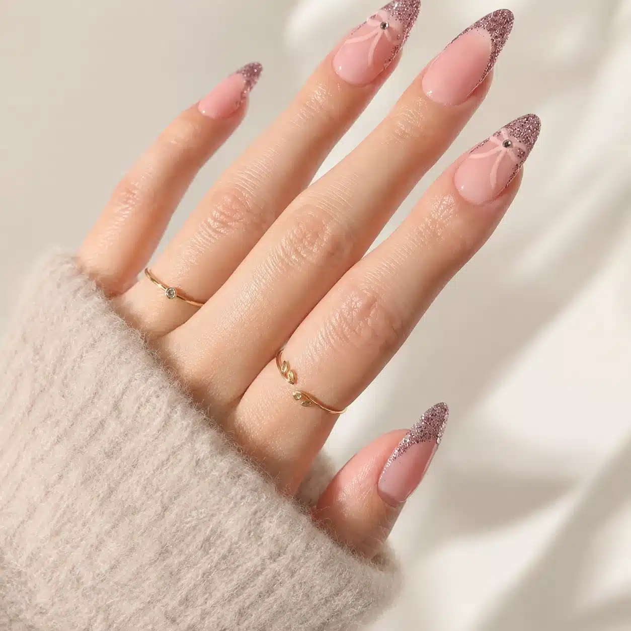 Almond Nail Tips: How to Choose, Size & Apply Them 7 Nude glitter almond nail tips with tapered sidewalls