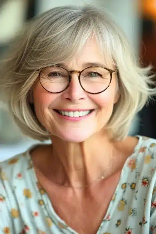 Short Hairstyles for Women Over 70 With Fine Hair - Layered bob with side-swept bangs on older woman with glasses.