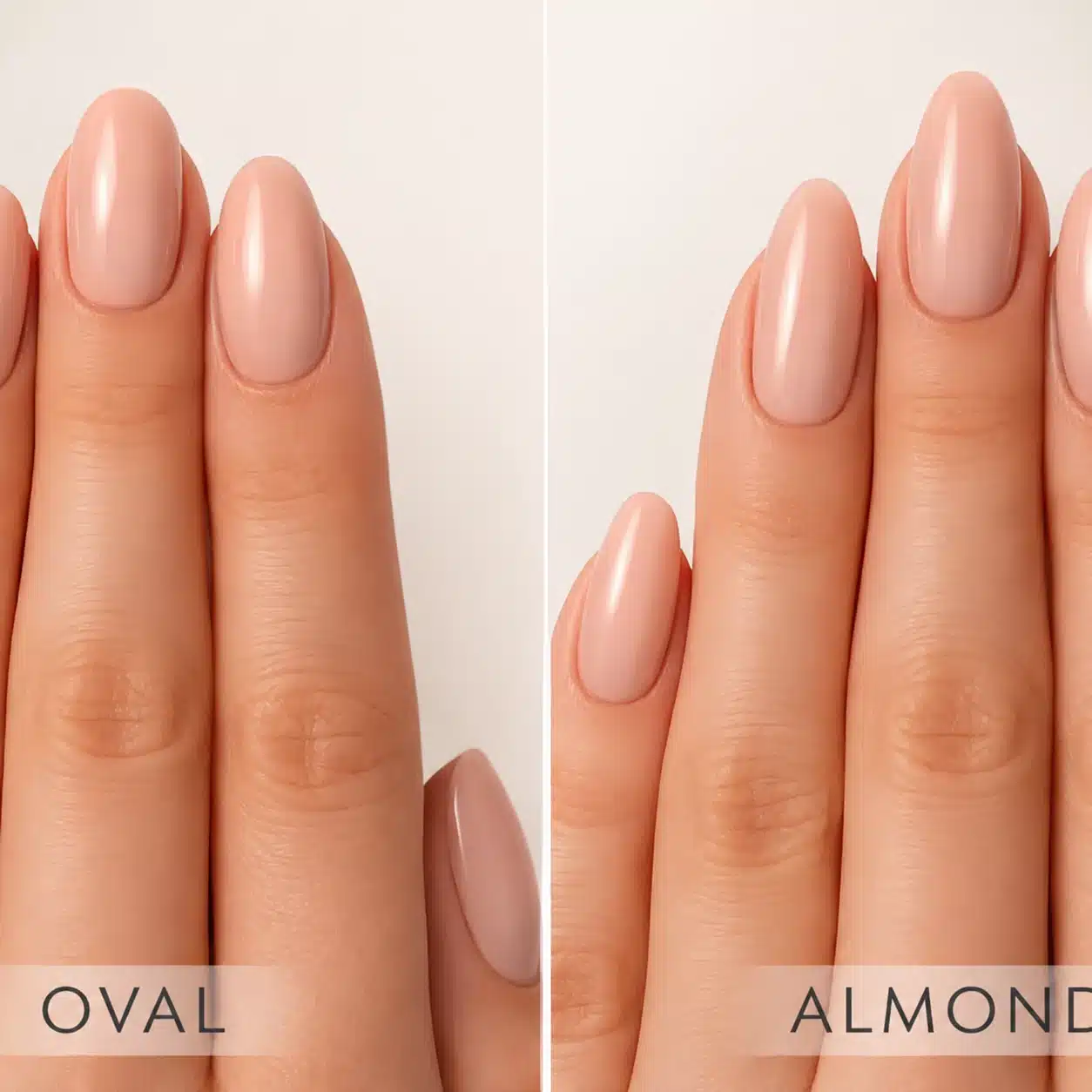 Almond vs Oval Nails: Which Shape Is Best for You? 2 Oval and almond nails on natural nude manicure