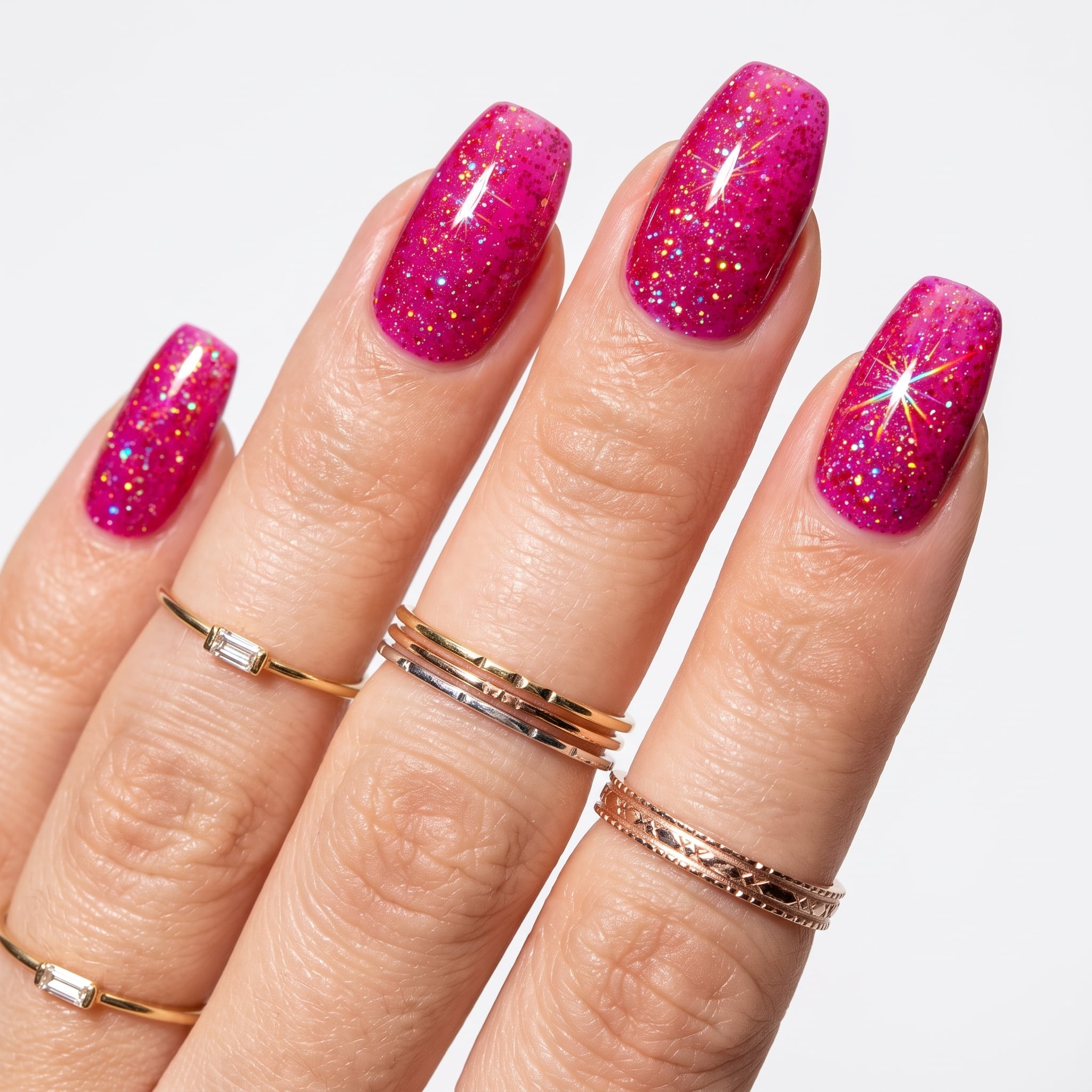 Pale pink chunky glitter nails with dense sparkling particles