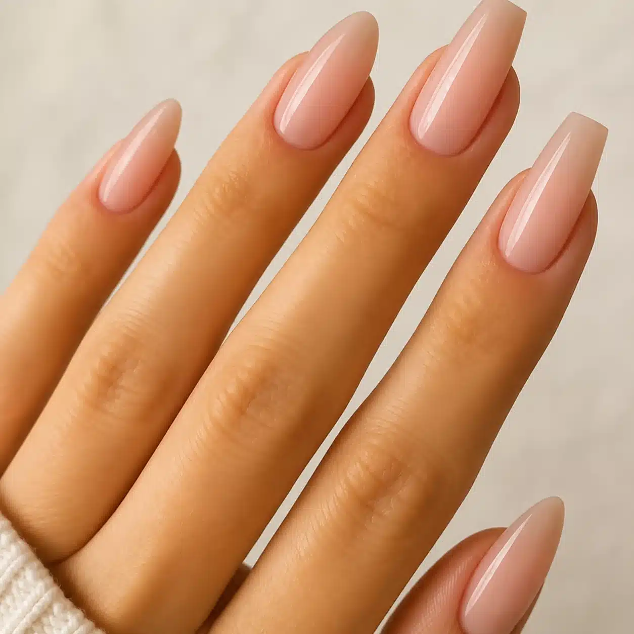Almond vs Coffin Nails: Which Shape Is Right for You? 4 Peach nude almond nail shape close up