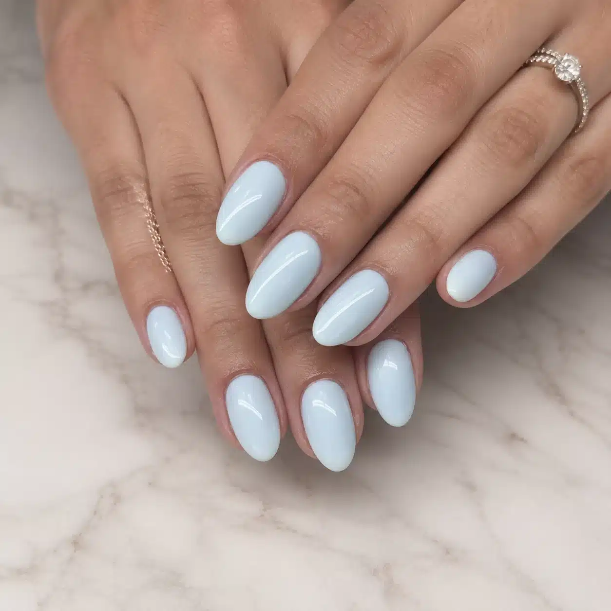 Milky Blue Nail Polish: 10 Soft Manicure Ideas to Try 3 Pearl milky blue almond nails