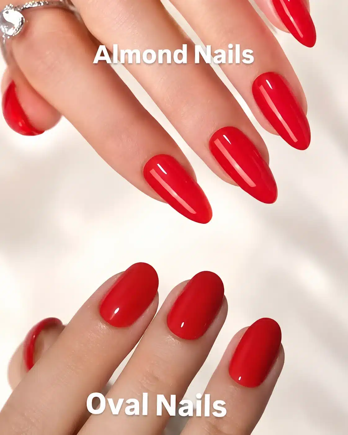 Almond vs Oval Nails: Which Shape Is Best for You? 3 Red oval nails compared with red almond nails