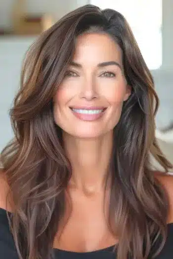 Short Hairstyles for Women Over 70 With Fine Hair - Smooth Wavy Blowout Hairstyle on smiling woman with brown hair.