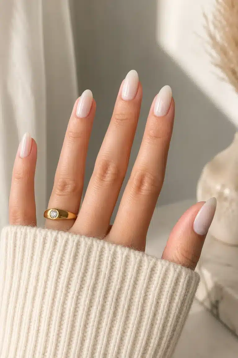 Sheer Milky White Nail Polish: Soft Translucent Nails That Never Look Chalky 18 Sheer milky white nail polish on soft almond nails with glossy translucent finish