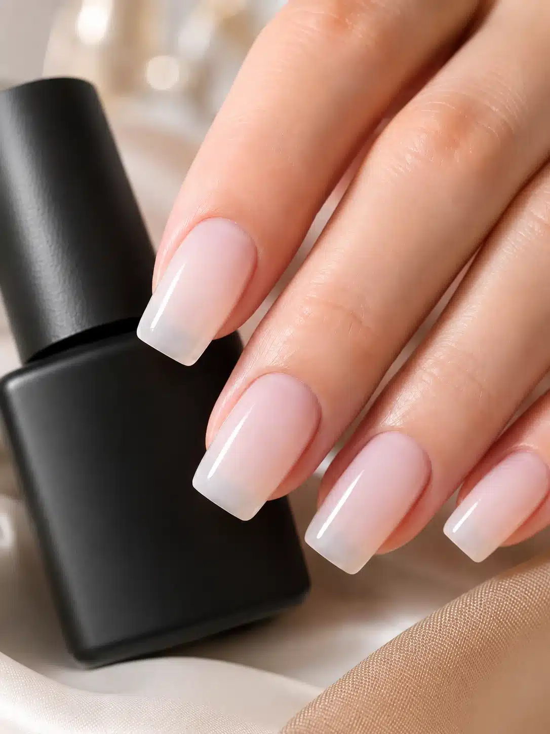 Sheer Milky White Nail Polish: Soft Translucent Nails That Never Look Chalky 3 Sheer milky white nail polish manicure beside a black polish bottle